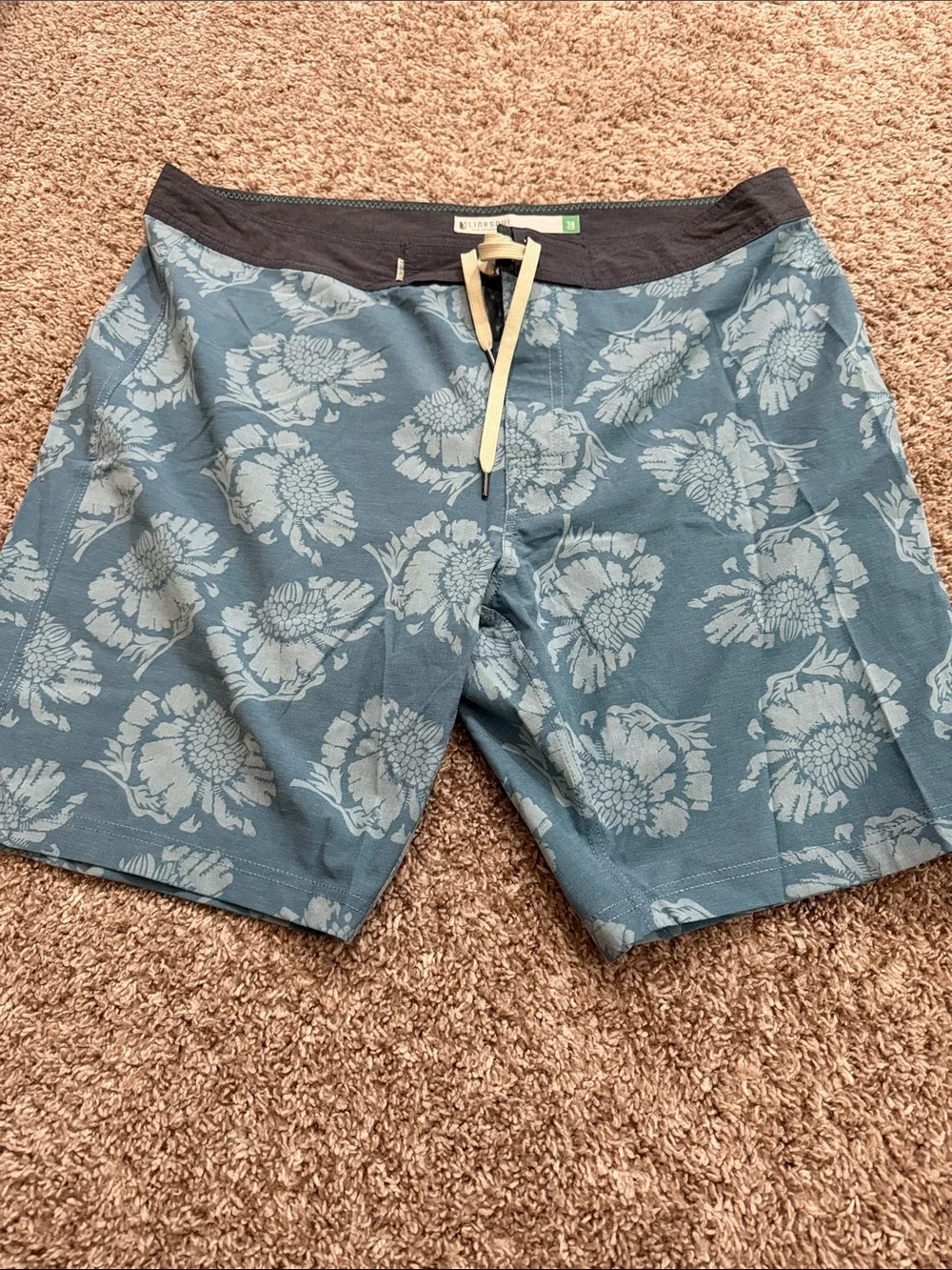 Linksoul Teal Floral Board Shorts with Black Waistband and Cream Drawcord